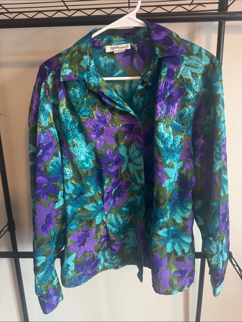 Worthington Teal & Purple Floral Button-Down Blouse
